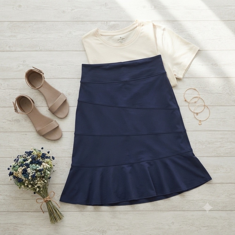 Athleta Navy Blue Asymmetrical Tiered Ruffle Midi Skirt Petite Medium 862111